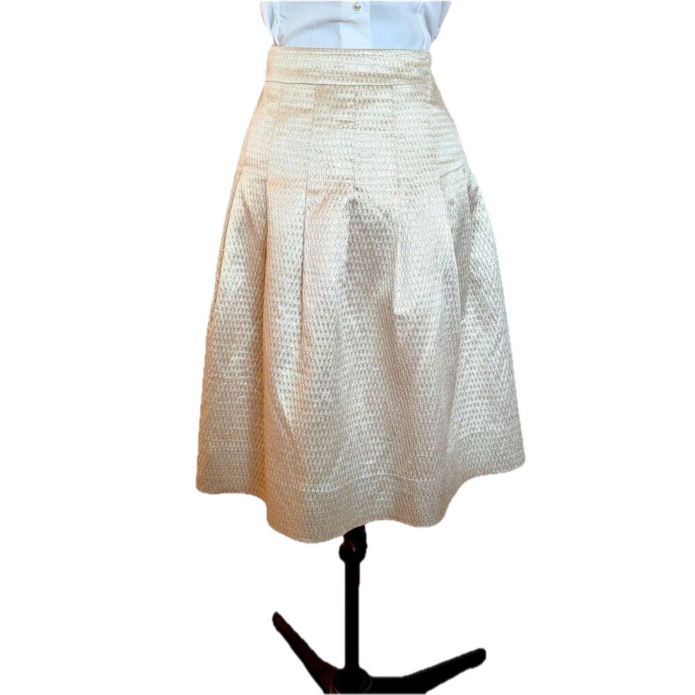 Vintage 90s Miz Wear NY Gold Metallic Jacquard Midi Flare Holiday Party Skirt, 4